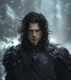 a man with long black hair and horns standing in the snow wearing a suit of armor