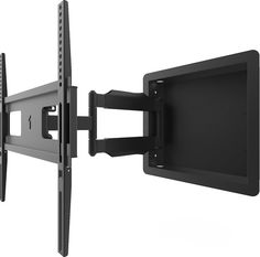 a flat screen tv mounted to the side of a wall with its arm raised up