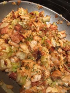 the food is prepared and ready to be cooked in the skillet on the stove