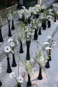 flowers in black vases sitting on the ground next to each other with white flowers growing out of them