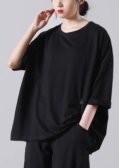 Stylish Black O-Neck Cotton Top Summer - SooLinen Oversized Black Plain Top, Baggy Black Crew Neck Top, Baggy Black Tops For Summer, Black Baggy Short Sleeve Tops, Black Casual Baggy Tops, Baggy Black Casual Tops, Casual Black Baggy Tops, Oversized Black Top, Denim Dress Fall