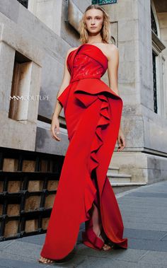 N0297 | CoutureShopLA Mnm Couture, Jasz Couture, Satin Evening Gown, Floral Overlay, Couture Dress, Column Gown, Flounced Dress, Strapless Gown, Layered Design