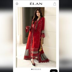 Brand New Unworn Deep Red Pure Chiffon Elan Formal Elegant Red Kurta With Naqshi Detailing, Elegant Red Kurta With Naqshi, Red Anarkali Lawn Suit With Sheer Dupatta, Anarkali Lawn Suit With Sheer Dupatta In Red, Red Lawn Suit With Sheer Dupatta For Eid, Festive Red Lawn Suit With Sheer Dupatta, Red Silk Anarkali Lawn Suit, Elegant Red Salwar Kameez With Dabka, Red Georgette Kurta With Dabka