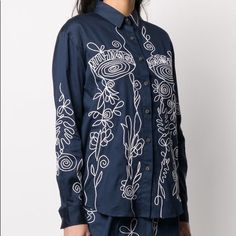 New With Tags! Margot Embroidered Blouse Navy And White Blouse Featuring A Pointed Collar, A Front Button Fastening, Long Sleeves, Fitted Cuffs And An Embroidered Design. Positively Conscious. 100% Organic Cotton Designer Embroidered Long Sleeve Shirt, Designer Long Sleeve Embroidered Shirt, Designer Embroidered Shirt For Work, Designer Embroidered Workwear Shirt, Designer Embroidered Shirt For Spring, Traditional Embroidered Tops For Workwear, Designer Embroidered Cotton Top, Designer Embroidered Long Sleeve Blouse, Silk Tops With Floral Embroidery And Long Sleeves