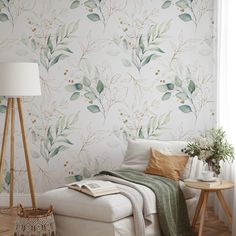 a living room scene with focus on the wallpaper