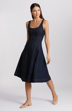 Fall for the flared silhouette of this sleeveless denim dress designed with contrasting topstitching. 46" length (size medium) Hidden back-zip closure Scoop neck Sleeveless 85% cotton, 13% polyester, 2% spandex Machine wash, line dry Imported Strapless Denim Dress, Feminine Casual, Mid Dress, Casual Weekend Outfit, Sleeveless Denim Dress, Midi Dress Fall, Denim Midi Dress, Indigo Denim, Dresses Royal