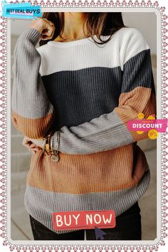 Chestnut Color Block Knitted O-neck Pullover Sweater Casual Brown Crew Neck Knit Top, Brown Crew Neck Knit Top For Layering, Fall Crew Neck Knitted Tops, Soft Knit Crew Neck Sweater For Fall, Knitted Crew Neck Tops For Fall, Brown Knitted Crew Neck Sweater, Brown Ribbed Crew Neck Sweater, Brown Soft Knit Crew Neck Sweater, Ribbed Crew Neck Sweater For Fall