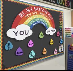 a bulletin board with words on it and an image of a rainbow in the background