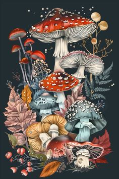 a painting of mushrooms and plants on a black background