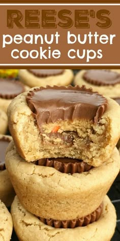 peanut butter cookie cups stacked on top of each other with the title in the middle