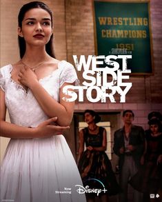 the poster for west side story starring actors from left, and actress in white dress