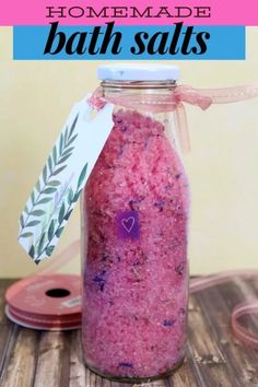 homemade bath salts in a glass jar on a wooden table