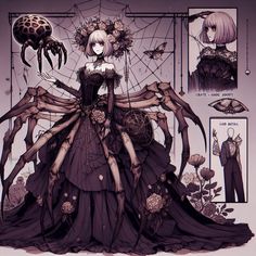 an image of a woman in a dress with spider webs on her shoulders and legs