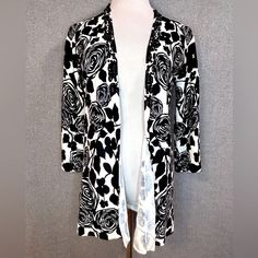 Chico's Black & White Open Front Beaded Cardigan Sweater Sz 1 Roses Women Fitted Elegant Cardigan With Floral Print, Elegant Fitted Cardigan With Floral Print, Beaded Cardigan, Woman Colour, Front Open, Cardigan Sweater, Sweater Cardigan, Sweaters & Cardigans, Cardigans