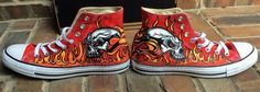 Flames and Skulls Hand Painted Red Converse Tennis Shoes, Antique Muscle Car Show, Monster Truck, Ch Custom Red Sneakers With Rubber Sole, Red Hand Painted High-top Sneakers, Custom Hand Painted Red Sneakers, Custom Red Hand Painted Sneakers, Custom Hand-painted Red Sneakers, Red Hand Painted Custom Sneakers, Painted High Tops, Skulls With Flames, Flame Converse