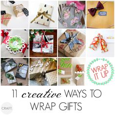 the collage shows many different types of wrapping and gift wrappers, including gifts wrapped in brown paper