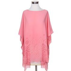 Sbp-200_coral Laser Cut Solid Pattern Poncho 100% Polyester 35" X 27" Casual Pink Poncho, Spring Bohemian Pink Poncho, Spring Beach Cover-up Poncho One Size, Casual Pink One-size Poncho, Bohemian Poncho For Outdoor, One Size, Do Everything In Love, Clothes For Women Over 50, Print Kimonos, Aztec Print