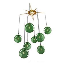 a chandelier with green glass balls hanging from it's arms and legs