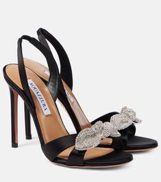 Bow Tie crystal-embellished satin sandals in black - Aquazzura | Mytheresa Pop Shoes, Minimal Shoes, Satin Sandals, Aquazzura Shoes, Mid Heels Pumps, Mid Heel Sandals, Embellished Sandals, Kitten Heel Pumps, Ankle Boots Flat