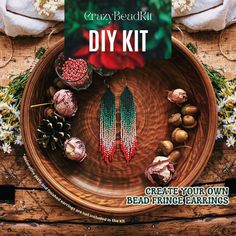 the cover of crazy bead kit diy kit on a plate with flowers and pine cones