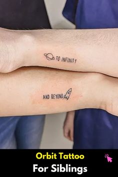 two people with tattoos on their arms and the words orbit tattoo for siblings are shown