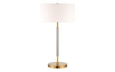 a lamp with a white shade on the base and a gold plated metal base