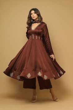 Brown Anarkali Satin Suit Set (Set Of 3) – Ethereal Outfitters Brown Anarkali, Satin Suit, Anarkali Kurta, Suit Set, Anarkali, Satin, Embroidery