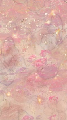 an abstract painting with pink flowers and bubbles in the air on a light pink background