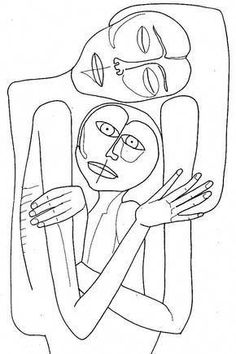 a black and white drawing of a woman holding a man's head in her arms