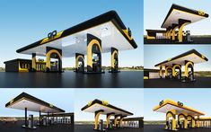 four different views of a gas station with yellow and black trim on the front, side, and top