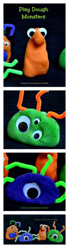 three different pictures of some kind of stuffed animal with googly eyes and carrots