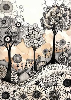 an artistic drawing of trees and flowers