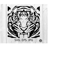 a black and white image of a tiger's face on a wooden background with the words svg epss jpg