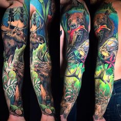 three different colored tattoos on both arms and legs, one with an image of animals