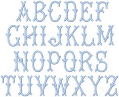 the letters and numbers are made out of blue thread on a white background with an embroidered font