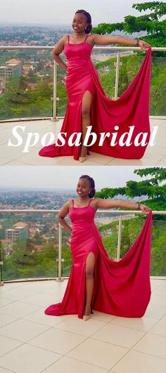 a woman in a red dress posing for the camera