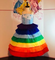 Amazing Rainbow OOC, carnival outfit. Included dress,  head hoop.The top is decorated with light blue flowers, pearls and parallel strips.Size 3-4t (chest 21-22 waist 20 length from shoulder to hem 30-32).The outfit can be made in any size.Message me please and I'll send you a color chart. We can offer about 60 different colors to choose from.Outfit is tailored to order in any standard size.The size chart is the picture of the listing.If you want it to fit perfectly send me please the measuremen Whimsical Rainbow Princess Dress For Dress-up, Spring Rainbow Tutu Dress With Ruffles, Cute Rainbow Princess Dress For Summer, Princess Style Rainbow Tutu Dress For Spring, Playful Rainbow Tutu Dress For Spring, Multicolor Spring Tutu Dress For Dress-up, Spring Princess Tutu Dress In Rainbow Colors, Spring Princess Tutu Dress In Rainbow, Spring Princess Rainbow Tutu Dress