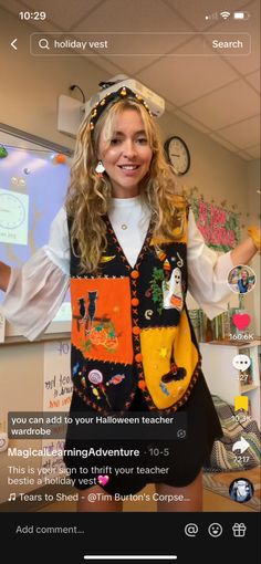 Whimsical Teacher Outfit, Fun Cardigan Outfit, Halloween Vest Outfit, Eclectic Teacher Outfits, Teacher Outfit Ideas Elementary, Ms Frizzle Inspired Outfits, Art Teacher Outfits Elementary, Teacher Halloween Outfits