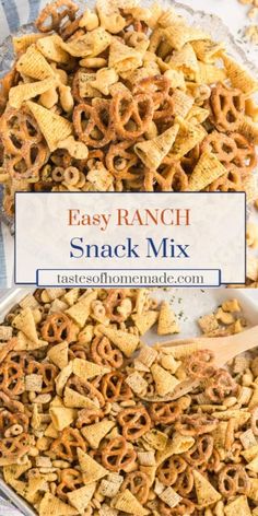 easy ranch snack mix in a bowl with a wooden spoon