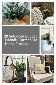 the cover of 20 salvaged budget friendly farmhouse house projects, including vases and planters