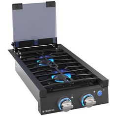 an image of a gas stove with blue lights on it's burners and cover