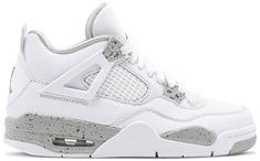 Built for big kids . the Air Jordan 4 Retro GS ‘White Oreo’ presents a refined colorway of the silhouette that MJ wore when he famously sank ‘the shot’ in the first round of the 1989 NBA Playoffs. The upper is crafted from white tumbled leather with grey Jumpman branding on the heel. The same [...] Jordan 4 White, Black Fire, Nba Playoffs, Jordan 4 Retro, Air Jordan 4, Air Jordan 4 Retro, Air Jordan 3, Latest Shoes, Jordan 11