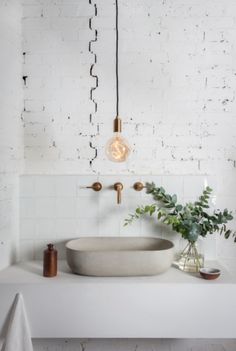 a bathroom with a sink, mirror and plants