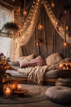 a bed with lots of lights hanging from it's headboard and pillows on the floor