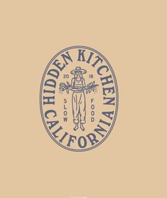 the kitchen california logo is shown in blue and white on a tan background with an image of a man holding a knife