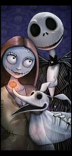 a painting of two people dressed up as jack and sally from the nightmare before halloween