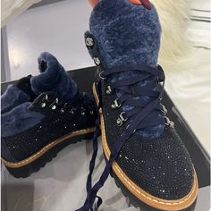 Navy Blue Winter Boots With Navy Crystals And Navy Fur Inside Worn Once Brand New Navy Blue Winter Boots, Blue Winter, Moto Boots, Winter Boots, Color Blue, Navy Blue, Women Shoes, Brand New, Navy