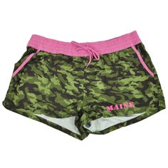 These women's swimming shorts features Maine embroidered on bottom . Elasticized waist with drawstring. Shorts hit high on thighs. Authentic Merchandise. Officially Licensed Product. Women's Swimming, Swimming Shorts, Camo Shorts, Drawstring Shorts, Swim Shorts, Short Outfits, Womens Swim, Camouflage, Maine