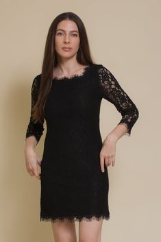 Brand: Fate Fitted lace mini dress with scalloped edges and exposed back zipper. ♡ Details Color: Black V back with exposed zipper Lined Body 3/4 length sleeves 55% Cotton, 45% Nylon | Lining 100% Polyester Hand wash or dry clean Size & Fit Model info: Height 5'3"| Bust 32"| Waist 25"| Hips 34" Model is wearing a size medium Fit: Fitted, size up if in doubt Stretch: Average amount of stretch Measurements: S: Bust = 27" | Hip = 28" | Length = 31" M: Bust = 29.5" | Hip = 30.5" | Length = 32" L: Bu Evening Lace Dress With 3/4 Sleeves, Fitted Lace Dress With Scalloped Edges For Party, Elegant Mini Dress With Scalloped Edges For Party, Elegant Scalloped Edges Mini Dress For Party, Elegant Party Mini Dress With Scalloped Edges, Fitted Lace Dress With Scalloped Edges For Evening, Evening Fitted Lace Dress With Scalloped Edges, Elegant Lace Mini Dress With Scalloped Edges, Fitted Dress With 3/4 Lace Sleeves