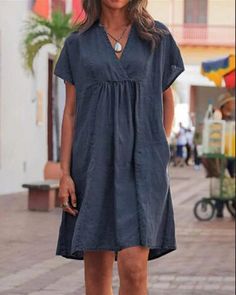 casual v neck solid woman linen dresses p331703, Navy-US8 Bohemian Casual Dress, Knee Length Dresses Casual, Vintage Dresses Casual, Long Sundress, Linen Dress Women, Boho Summer Dresses, Dress Sleeve Styles, Straight Dress, Midi Short Sleeve Dress